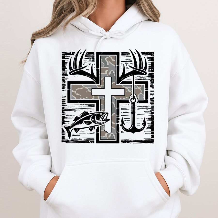 Fishing Hunting Cross Hoodie | Camo Deer Antler Graphic Print | Premium Cotton Blend | Gift For Outdoorsman Sportsman Hunter