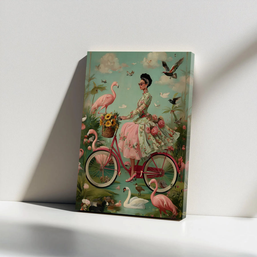 Vintage Black Woman Bicycle Vertical Canvas | Whimsical Flamingo Rider Art | Premium Gallery Wrapped Print | Afrocentric Home Decor Gift for Her