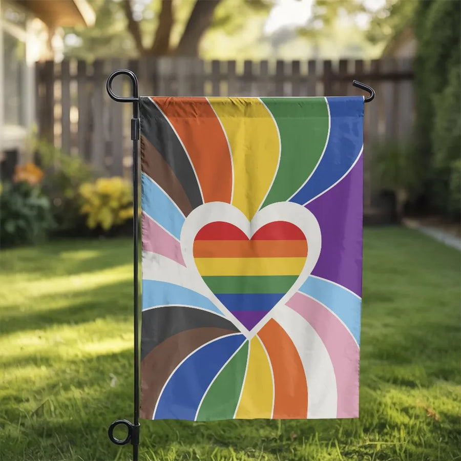 Progress Pride Garden Flag | Rainbow Heart Burst LGBTQ+ Design | Double-Sided Premium Polyester | Outdoor Pride Month Celebration Yard Decor Gift