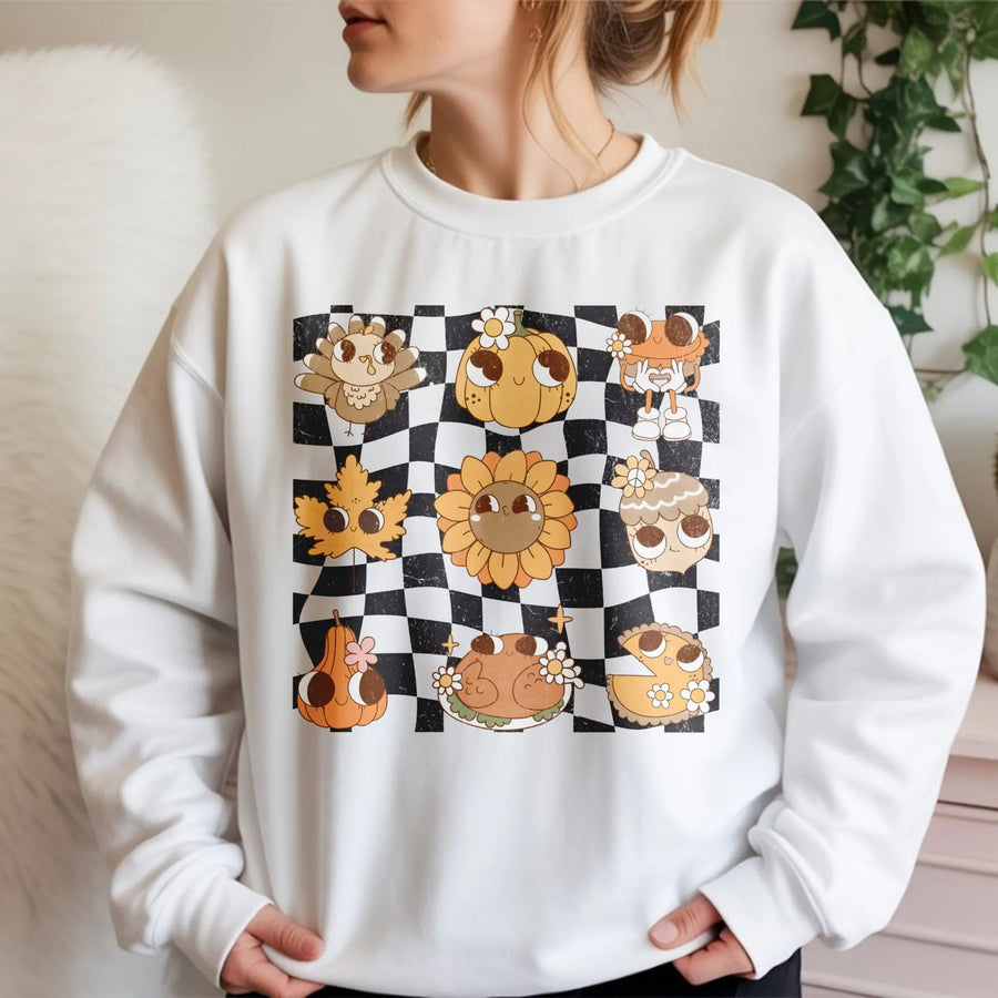 Retro Checkered Thanksgiving Sweatshirt | Groovy Fall Pumpkin Spice Graphic | Premium Cotton Blend | Funny Autumn Holiday Gift For Her & Him