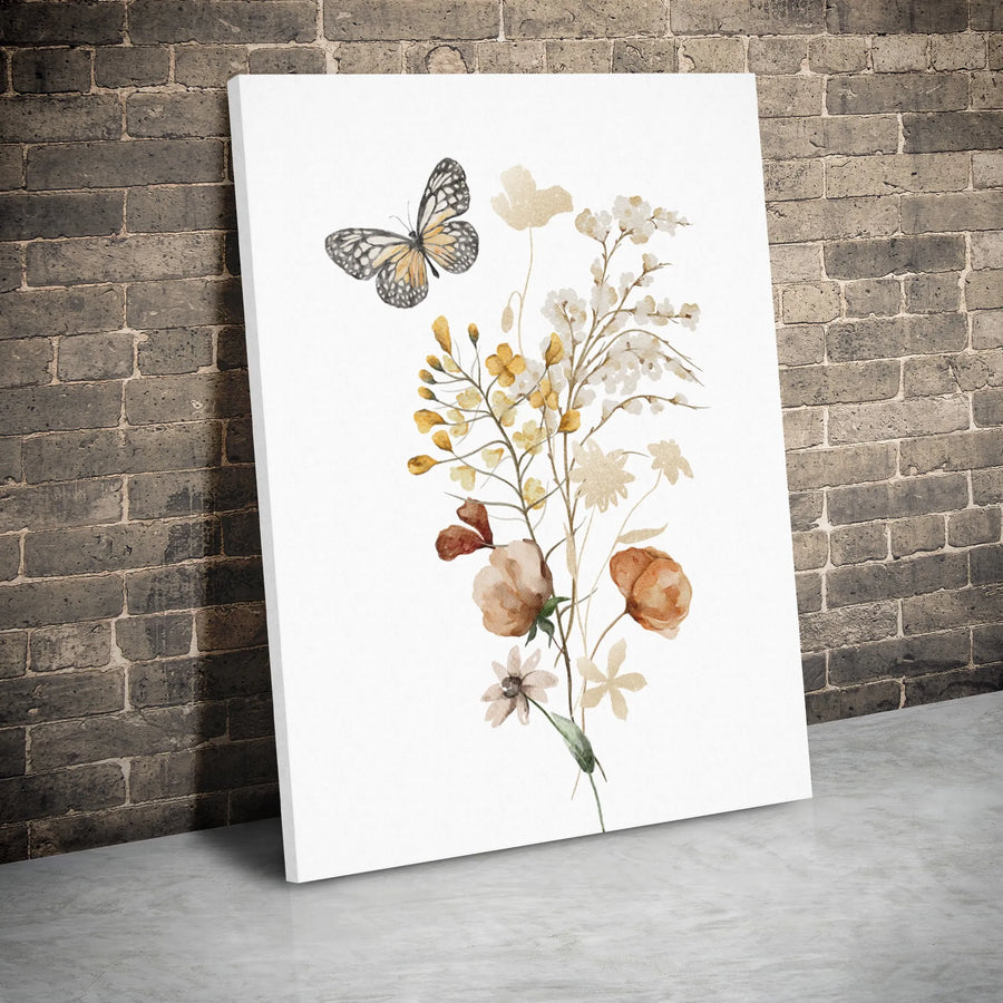 Watercolor Butterfly Wildflower Canvas | Neutral Botanical Floral Wall Art | Premium 1.25-inch Gallery Wrap | Modern Farmhouse Living Room Decor