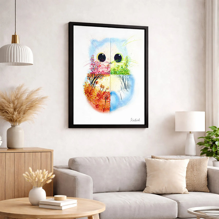 Four Seasons Cat Canvas Wall Art | Whimsical Watercolor Animal Portrait | Premium Gallery-Wrapped Print | Home Decor Gift for Cat Lovers