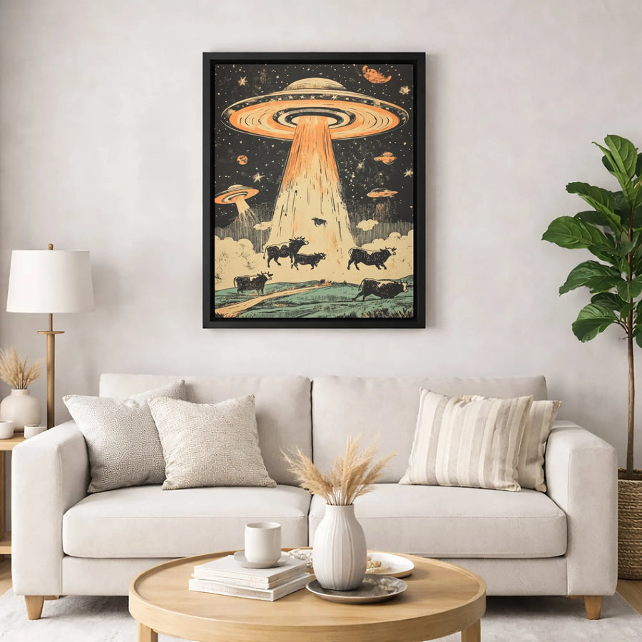 UFO Alien Abduction Canvas Print | Vintage Sci-Fi Cow Artwork | Premium 1.25" Gallery Wrap | Unique Space Decor Gift for Sci-Fi Fans
