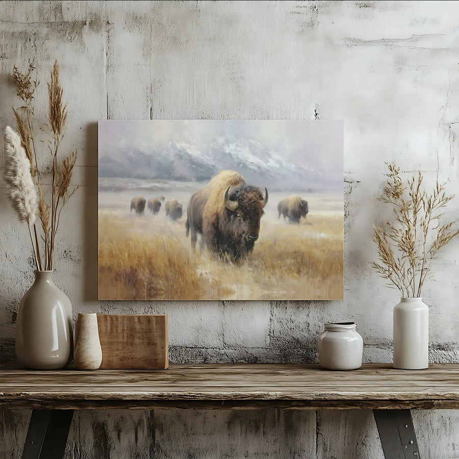 American Bison Canvas Wall Art | Snowy Mountain Landscape Wildlife Print | Premium 1.25-Inch Gallery Wrap | Rustic Home & Office Decor Gift
