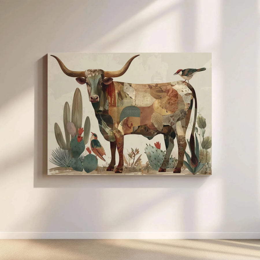 Texas Longhorn Canvas Wall Art | Patchwork Collage Desert Cacti Design | Premium Fade-Resistant Print | Western Home Decor Gift
