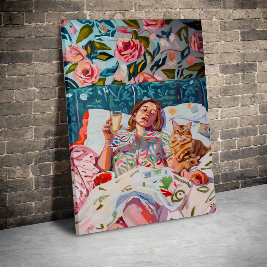 Woman In Bed With Cat Canvas Art | Floral Bedroom Aesthetic Painting | Premium Fade-Resistant Gallery Wrap | Cozy Home Decor Gift For Her
