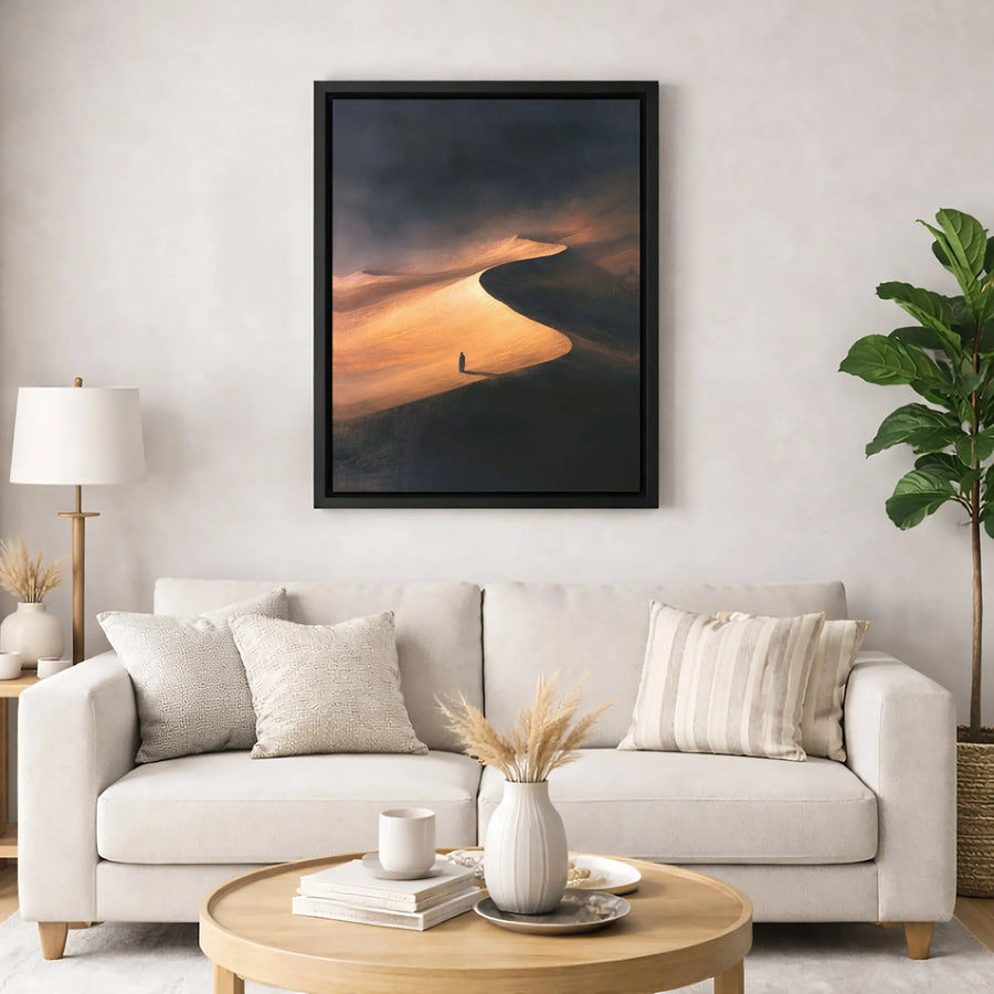 Desert Landscape Canvas Wall Art | Solitary Figure Golden Sand Dune Print | Premium 1.25 Inch Gallery Wrap | Modern Minimalist Home Office Decor
