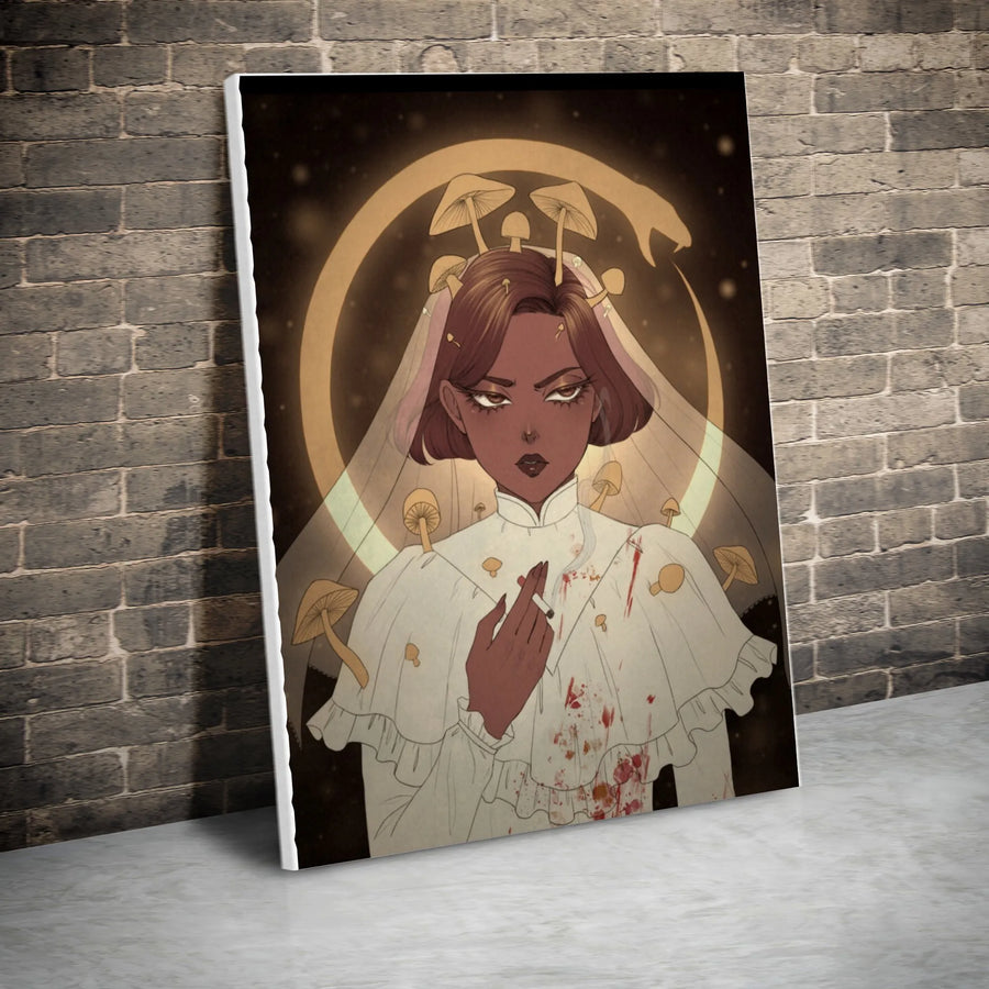 Gothic Mushroom Bride Vertical Canvas | Surreal Ouroboros Illustration | Premium 1.25" Gallery Wrapped Canvas | Dark Fantasy Home Decor Gift