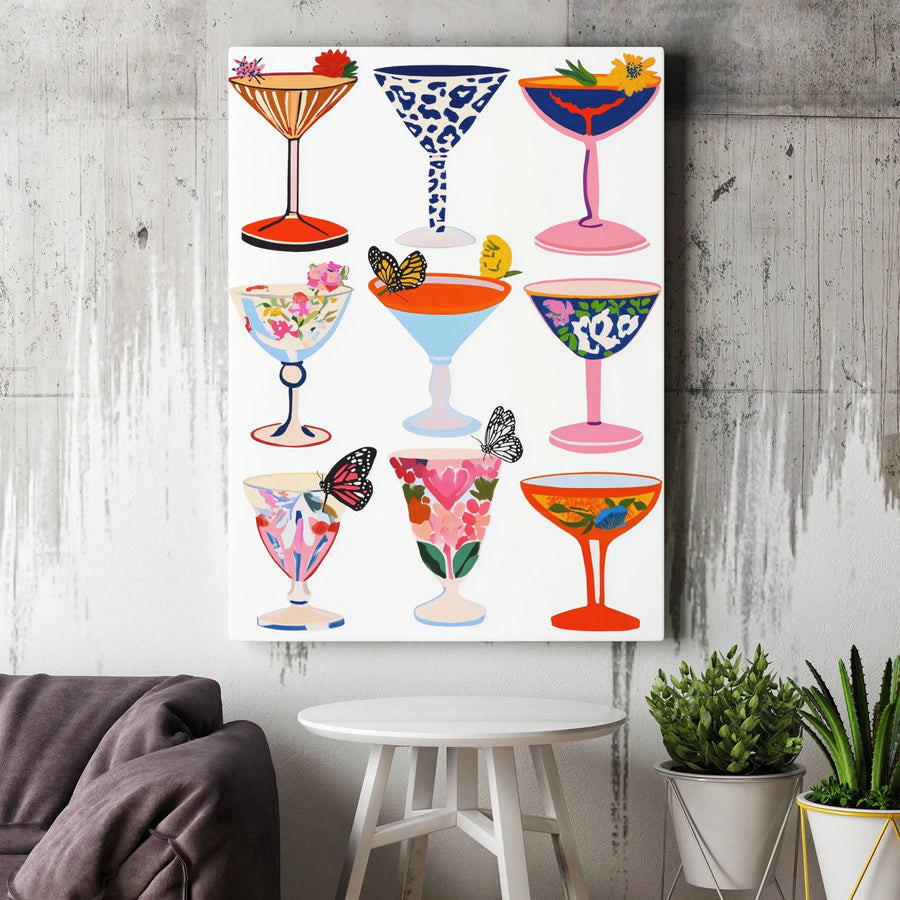 Colorful Cocktail Canvas Wall Art | Pop Art Drink Collection with Butterflies | Premium Gallery Print | Kitchen & Bar Cart Decor Gift