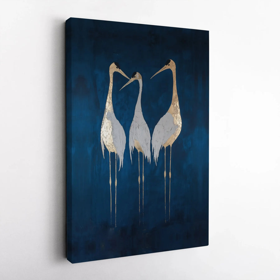 Gold Crane Wall Art | Minimalist Indigo Bird Canvas Print | Premium Gallery Wrapped Decor | Modern Living Room Gift