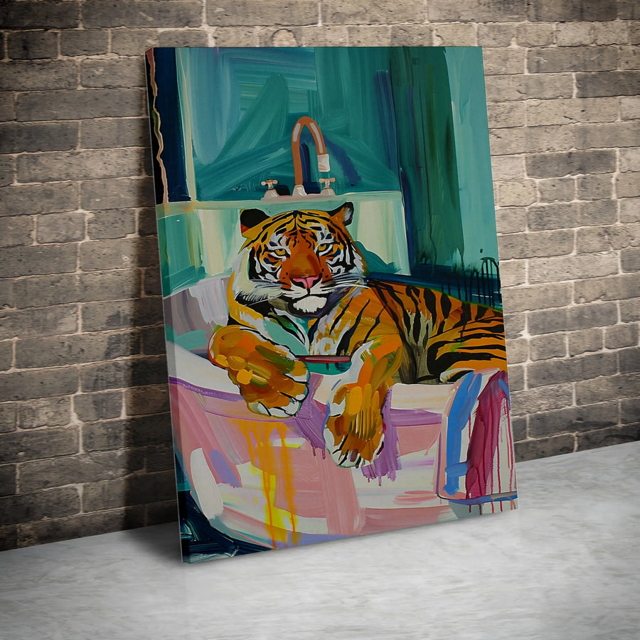 Tiger In A Bathtub Canvas Wall Art | Vibrant Animal Portrait | Gallery-Quality Premium Print | Quirky Home Decor Gift For Animal Lovers