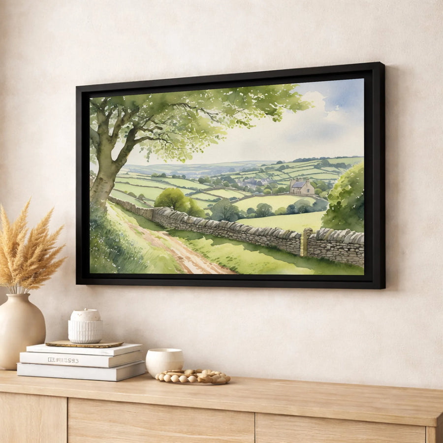 Watercolor Countryside Landscape Wall Art | Rolling Hills & Stone Wall Print | Premium 1.25” Gallery Canvas | Peaceful Nature Home Decor