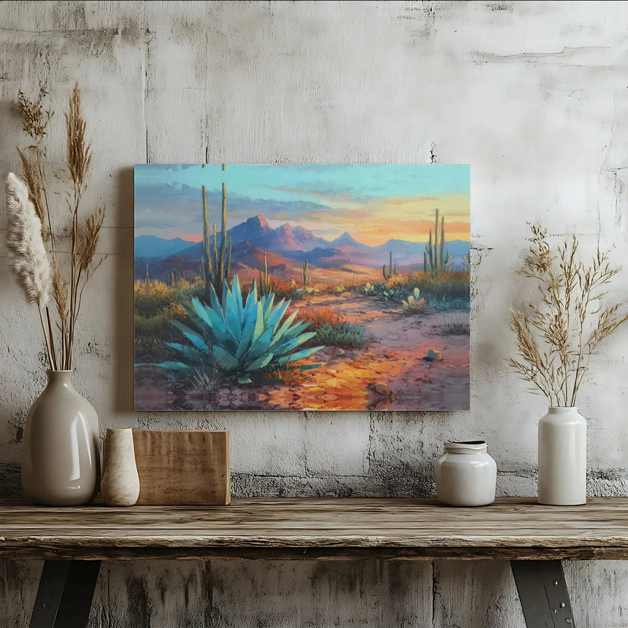 Southwestern Desert Canvas Wall Art | Vibrant Saguaro Cactus Sunset | Gallery Wrapped Premium Canvas | Western Home Decor Gift