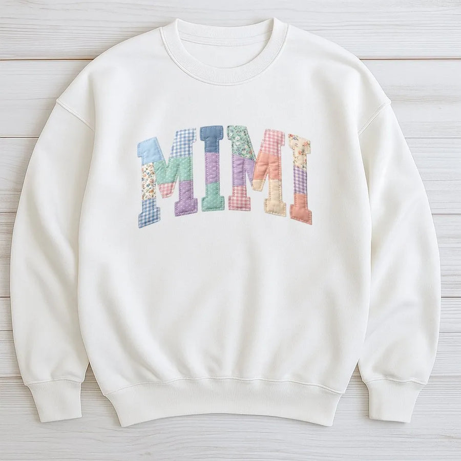 Mimi Sweatshirt | Printed Patchwork Varsity Letters | Cozy Unisex Crewneck | Grandma Core Gift for New Grandmother
