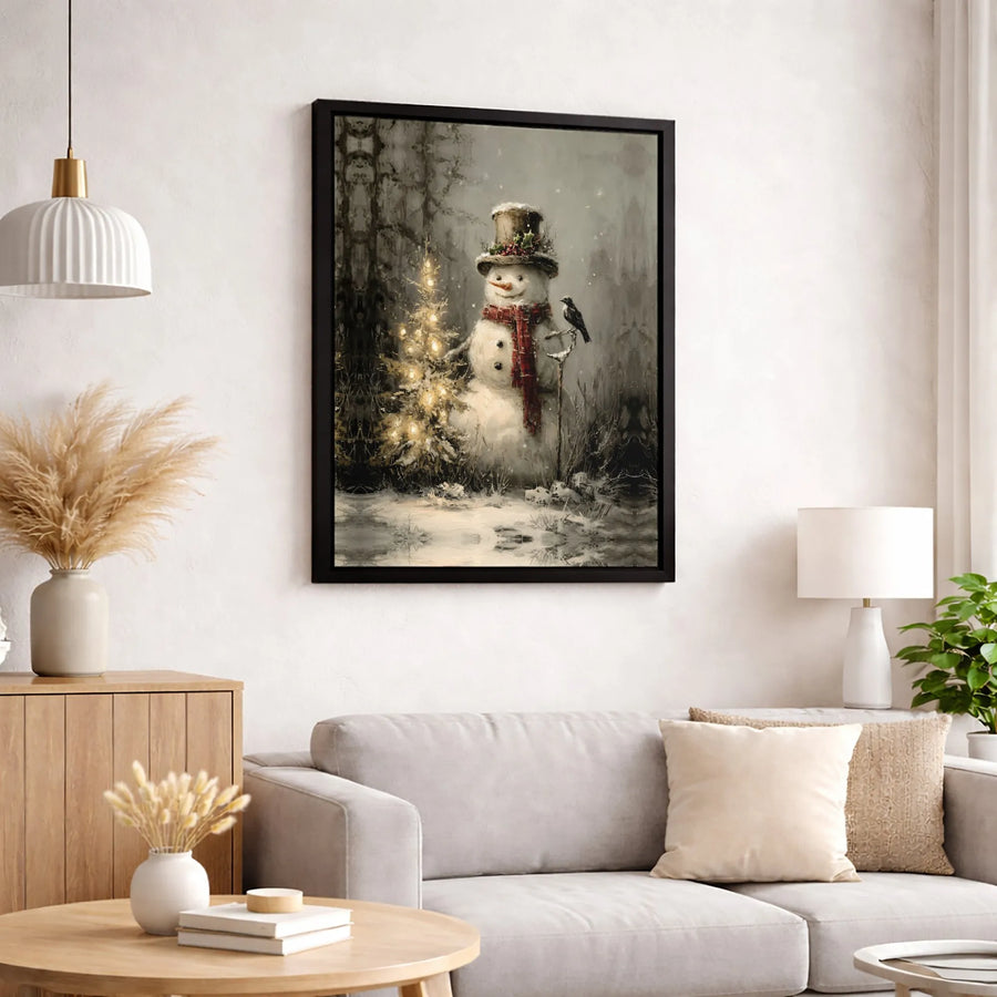 Vintage Snowman Wall Art | Whimsical Christmas Tree Canvas Print | Premium Fade-Resistant Decor | Holiday Home Gift For Winter Enthusiasts