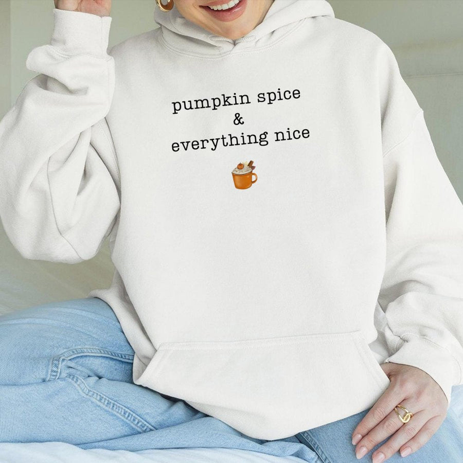 Pumpkin Spice & Everything Nice Hoodie | Cute Fall Graphic Sweatshirt | Cotton-Polyester Premium Quality | Autumn Coffee Lover Gift for Her