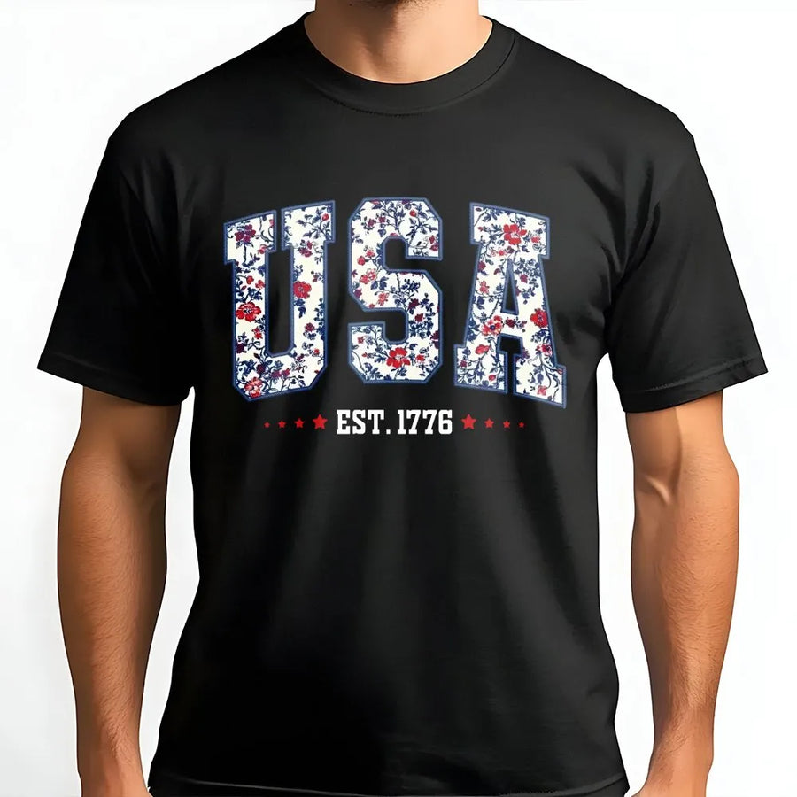 Patriotic Floral USA T-Shirt | EST 1776 Vintage Graphic Tee | Premium Cotton Comfort Colors Shirt | 4th of July Gift for Women