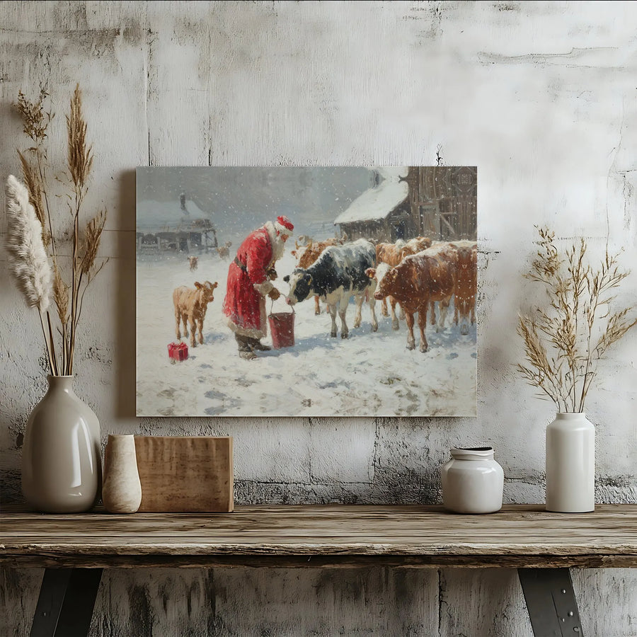 Santa Feeding Cows Canvas | Rustic Snowy Farm Christmas Wall Art | Premium Gallery Wrap Decor | Farmhouse Holiday Gift for Animal Lovers