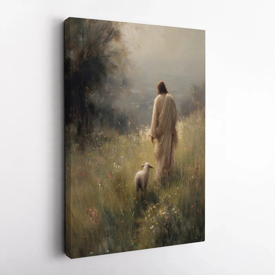 Jesus The Good Shepherd Canvas | Peaceful Lamb Field Painting | Premium Gallery Wrap Wall Art | Inspirational Religious Home Decor