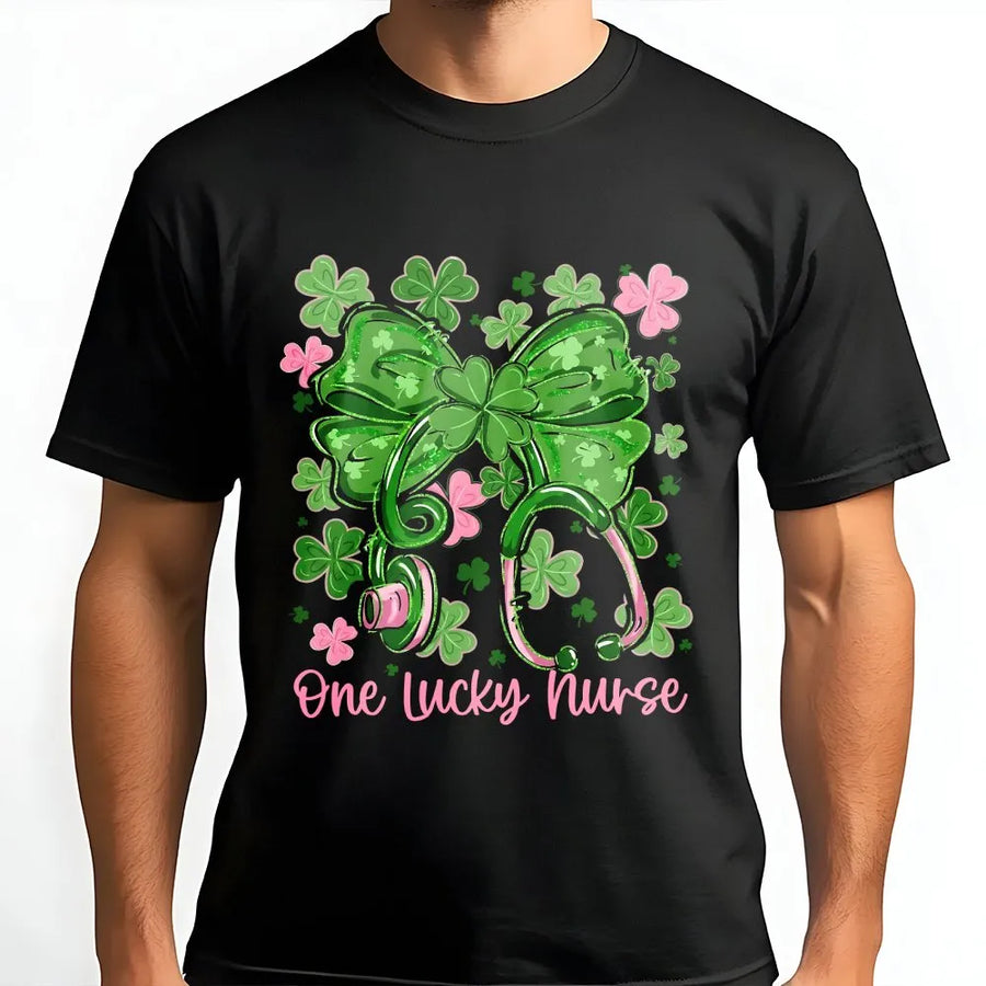 One Lucky Nurse T-Shirt | St. Patrick's Day Shamrock Stethoscope Graphic | Premium Soft Cotton Tee | Nursing Student Gift & Holiday Scrub Top