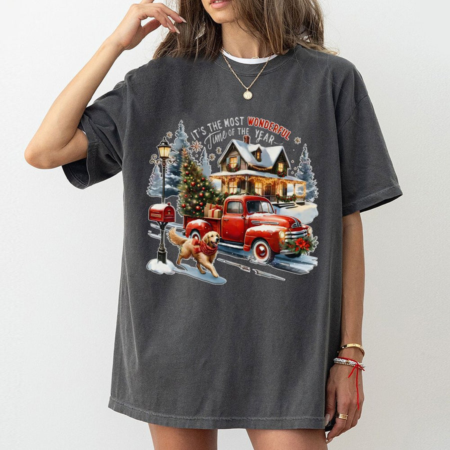 Christmas Red Truck T-Shirt | Golden Retriever Winter Scene | 100% Cotton Premium Tee | Holiday Gift for Dog Lovers & Farmhouse Decor Fans