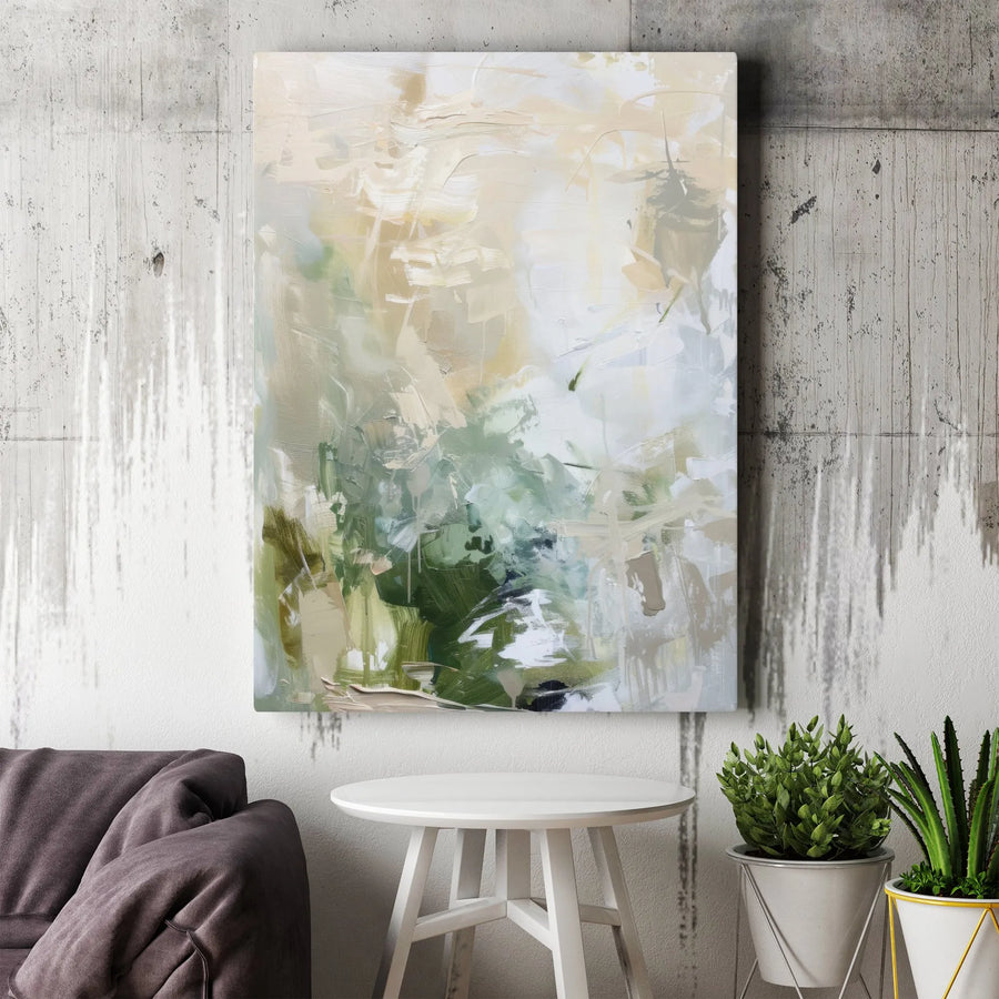 Modern Abstract Green Vertical Canvas | Earthy Watercolor Brushstroke Art | Premium 1.25" Frameless Gallery Wrap | Minimalist Living Room Home Decor Gift