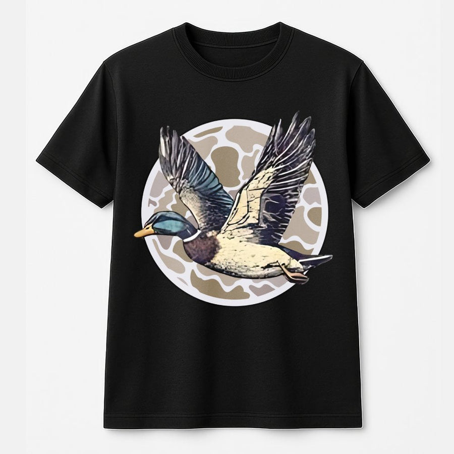 Mallard Duck T-Shirt | Flying Duck Graphic with Camo Circle Print | 100% Premium Cotton | Nature Lover Gift for Outdoorsmen and Hunters