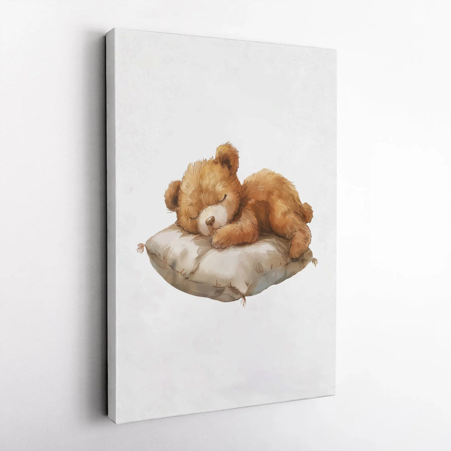 Sleeping Teddy Bear Canvas Wall Art | Cute Watercolor Animal Print | Premium Gallery Wrapped Canvas | Nursery Decor Gift for Baby Boy or Girl