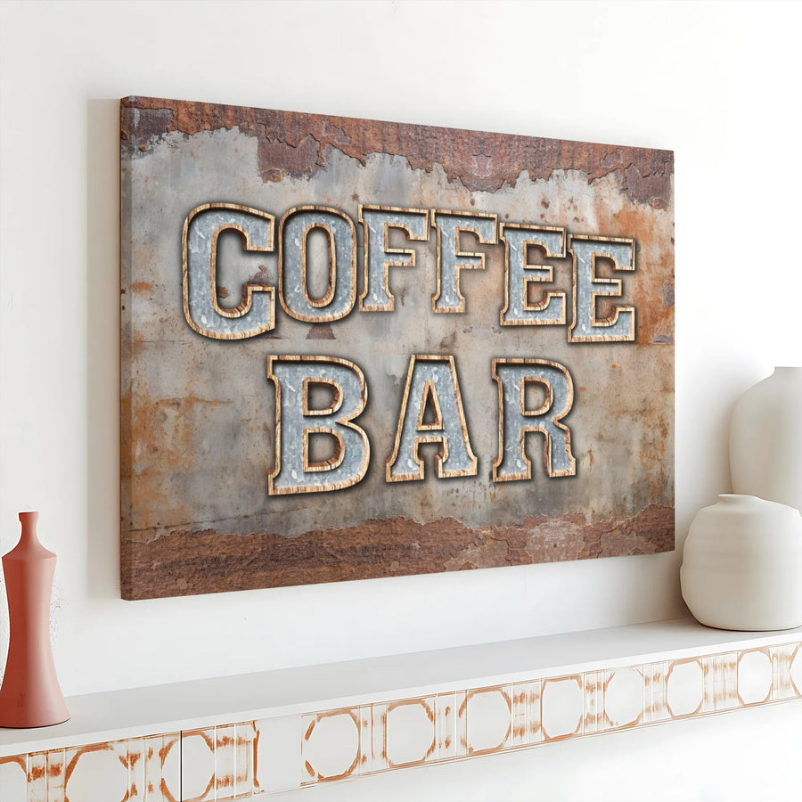 Coffee Bar Canvas Wall Art | Faux 3D Industrial Metal Lettering Print | Premium Gallery Wrap Canvas | Rustic Kitchen & Cafe Decor Gift