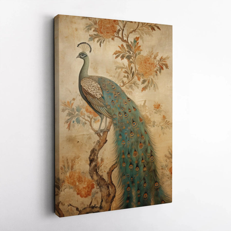 Vintage Peacock Canvas Wall Art | Chinoiserie Botanical Illustration | Premium Gallery Wrapped Canvas | Collector's Living Room Decor Gift