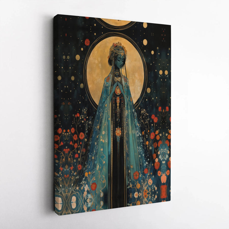 Celestial Goddess Canvas Wall Art | Art Nouveau Floral Portrait | Premium Gallery Wrapped Canvas | Spiritual Home Decor Gift