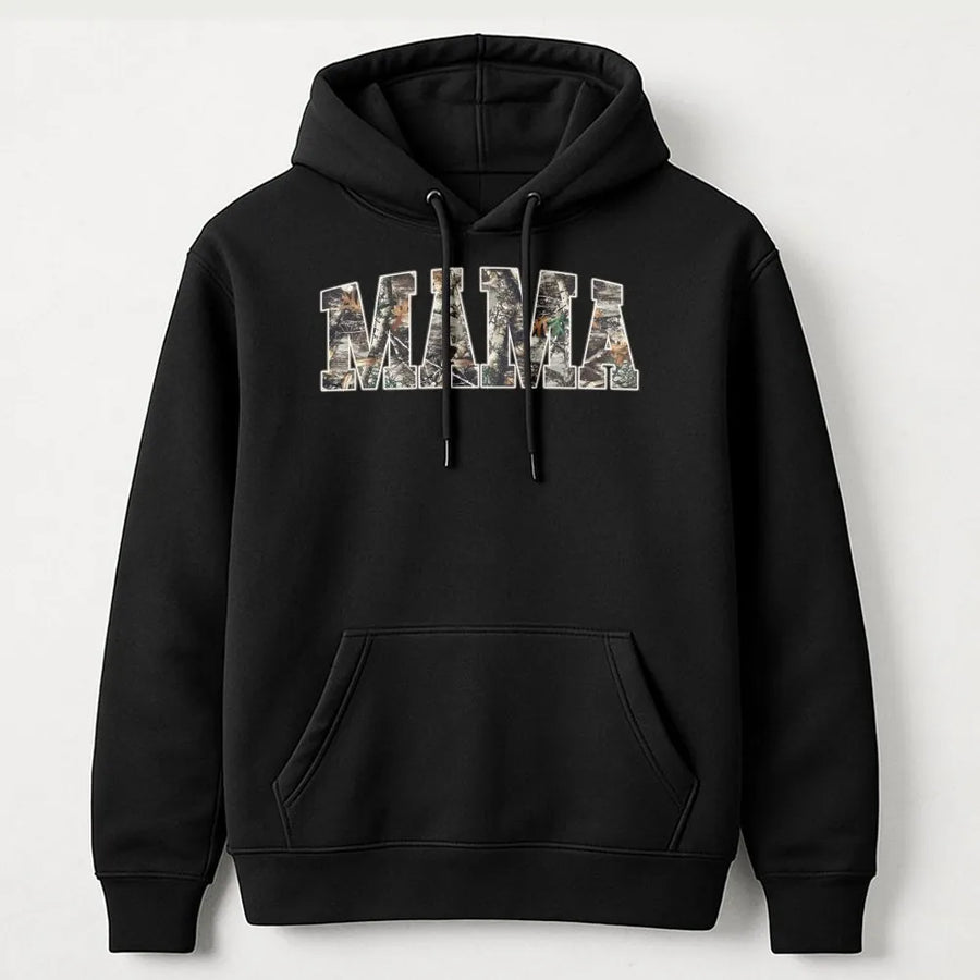 Hunting Mama Hoodie | Camouflage Varsity Lettering | Cozy Cotton Blend Crewneck | Gift for Outdoorsy Mom on Mother's Day