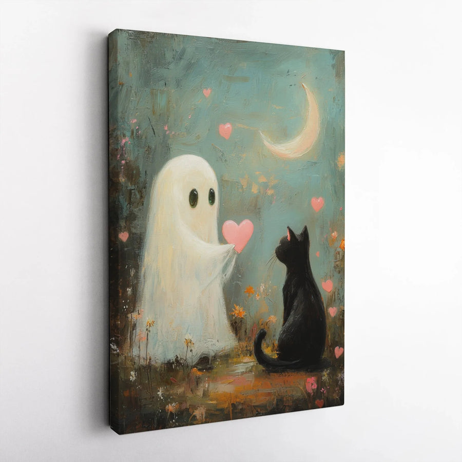Cute Ghost and Black Cat Wall Art | Whimsical Romantic Moon Illustration | Premium 1.25" Gallery Canvas | Spooky Aesthetic Gift for Cat Lovers
