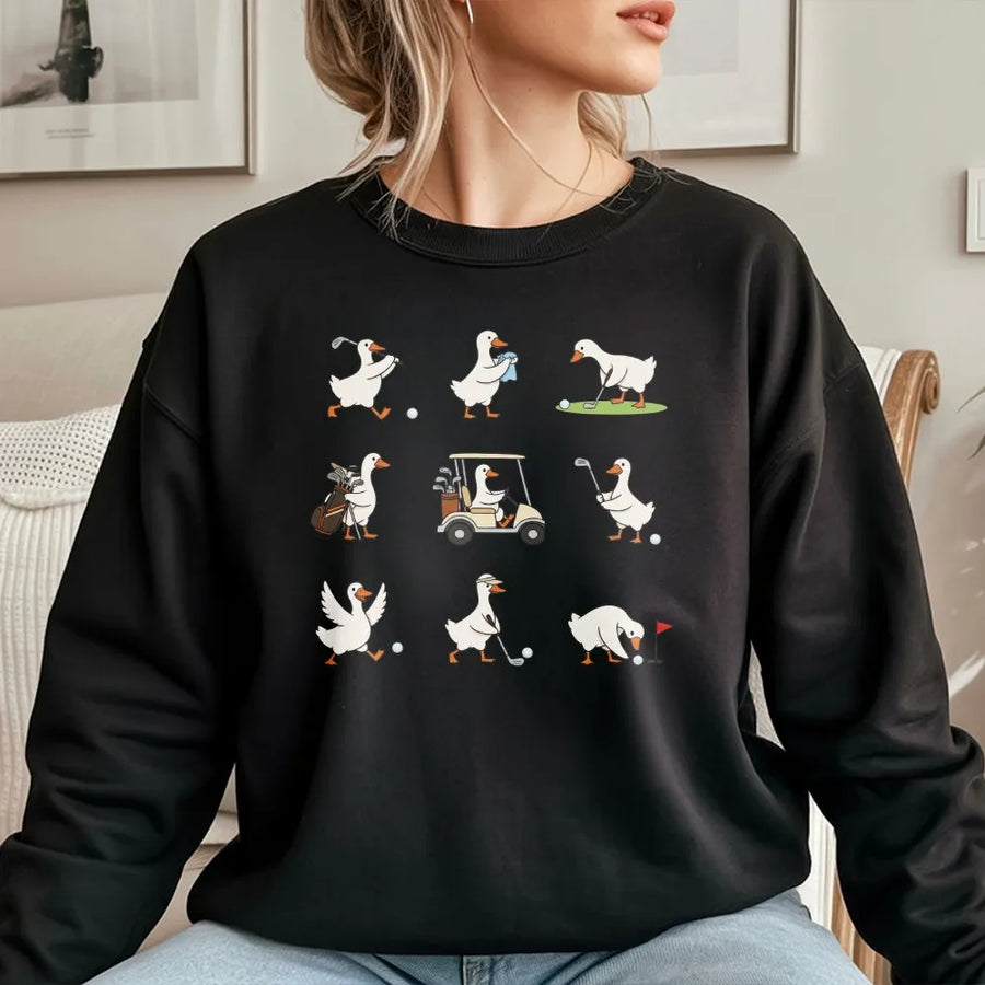 Funny Goose Golf Sweatshirt | Whimsical Cartoon Geese Graphic Pullover | Soft Cotton-Blend Sweatshirt | Premium Gift for Golfer
