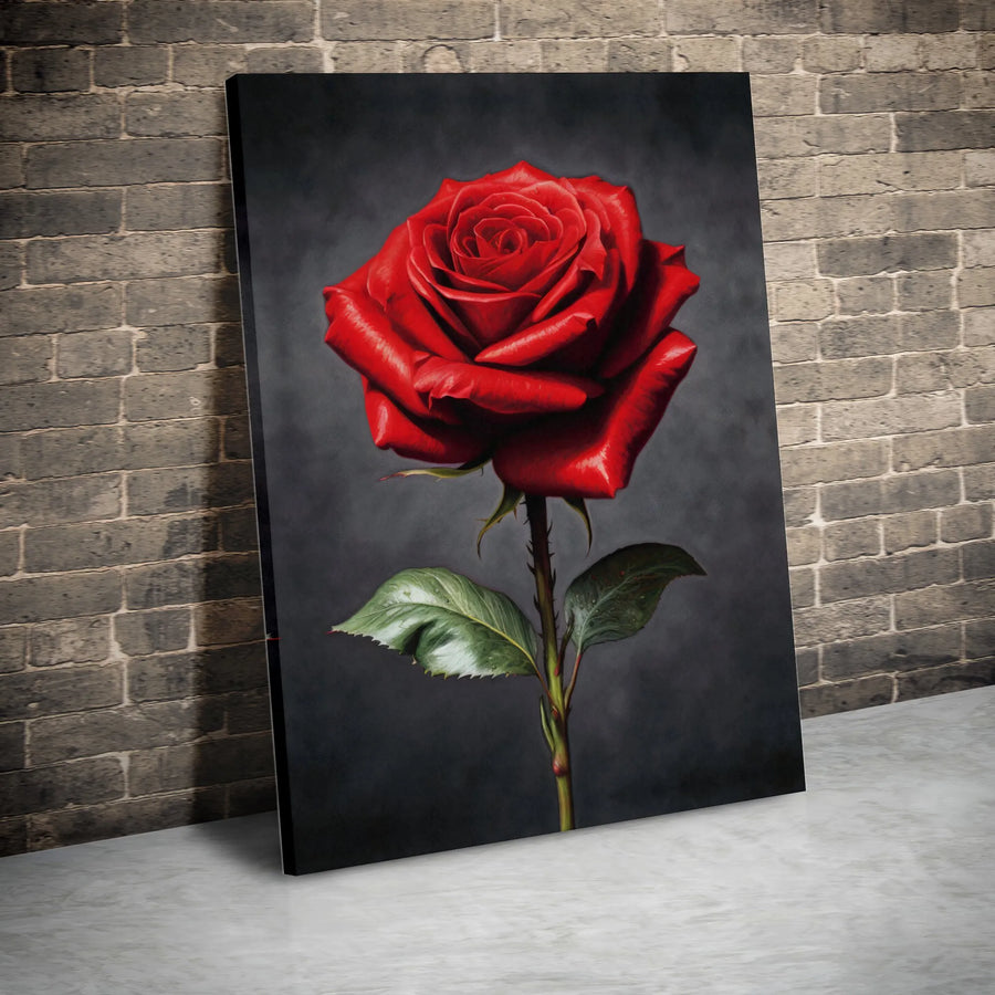 Red Rose Canvas Wall Art | Realistic Single Flower Painting | Premium 1.25" Gallery Wrap | Romantic Botanical Decor Gift for Her