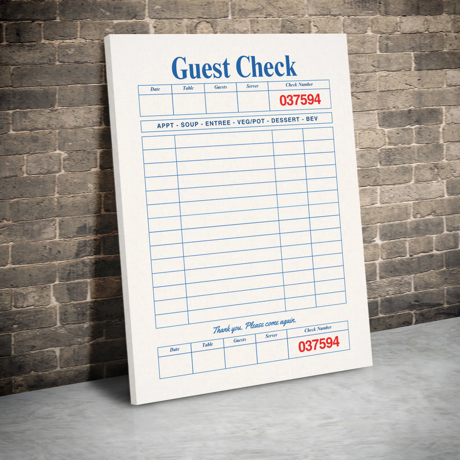Guest Check Wall Art | Vintage Restaurant Receipt Print | Gallery-Quality Canvas | Unique Kitchen Decor Gift for Foodies