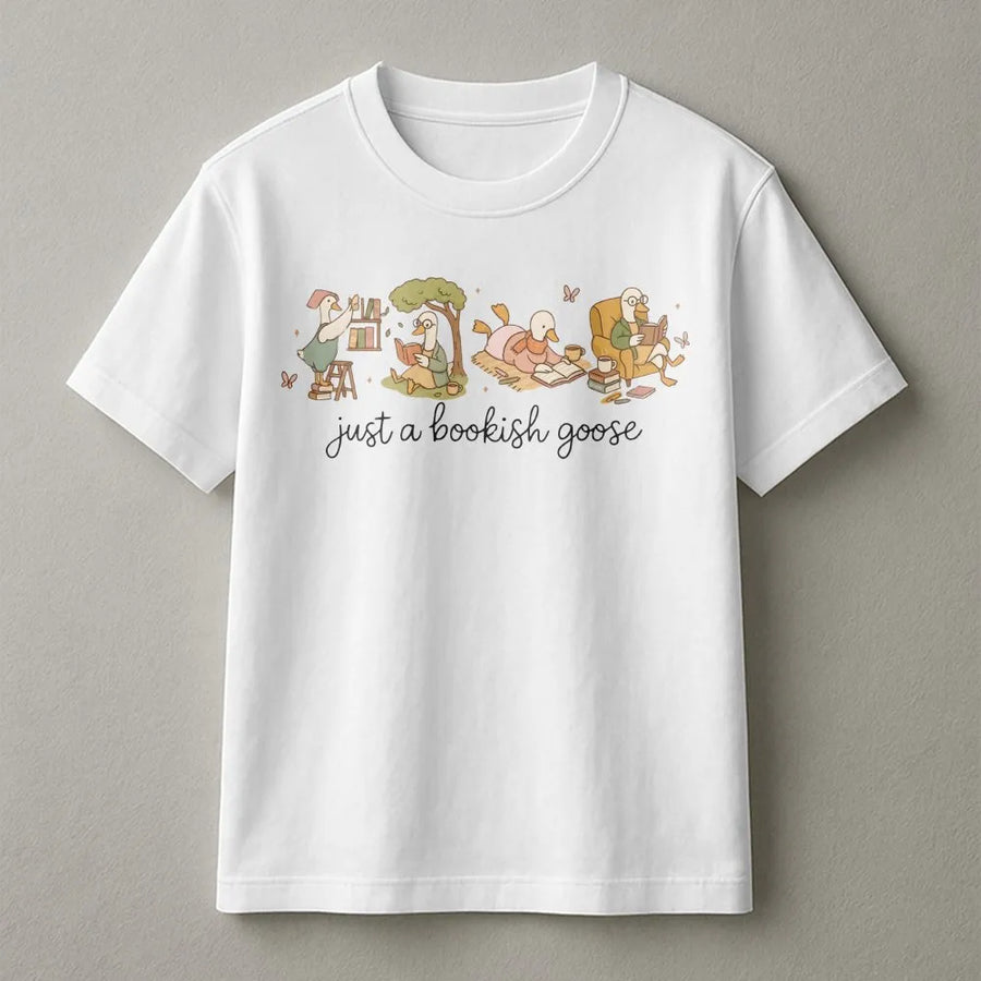 Bookish Goose T-Shirt | Whimsical Reading Duck Graphic | Premium 100% Cotton Tee | Gift for Book Lovers & Readers