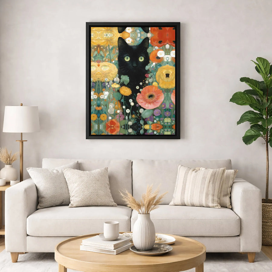 Black Cat Canvas Wall Art | Whimsical Floral Garden Painting | Premium Fade-Resistant Gallery Wrap | Gift for Cat Lovers & Home Decor