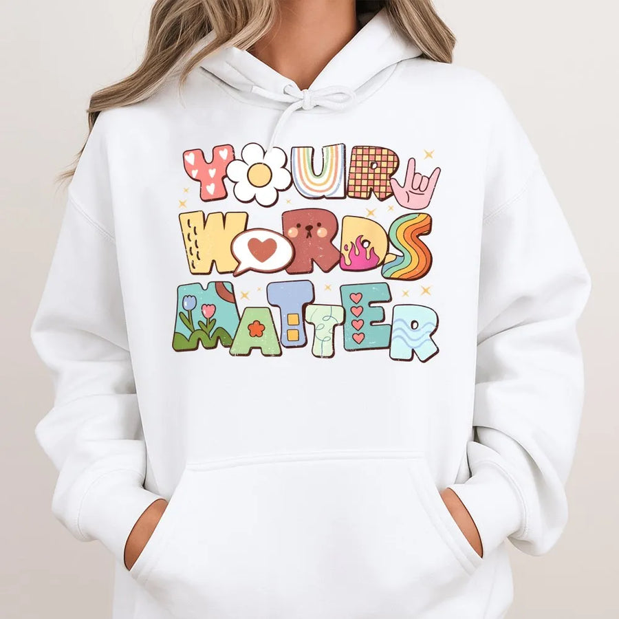 Your Words Matter Hoodie | Retro Groovy SLP Design | Premium Cotton-Polyester Blend | Speech Pathologist Gift for Teachers and Students