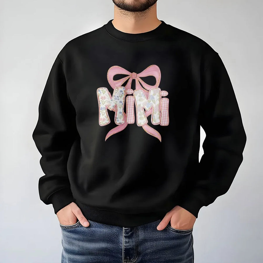 Mimi Hoodie Sweatshirt | Floral Bow with Patchwork Style Letters | Soft Cotton Blend | Gift for Grandma, New Mimi Pregnancy Announcement