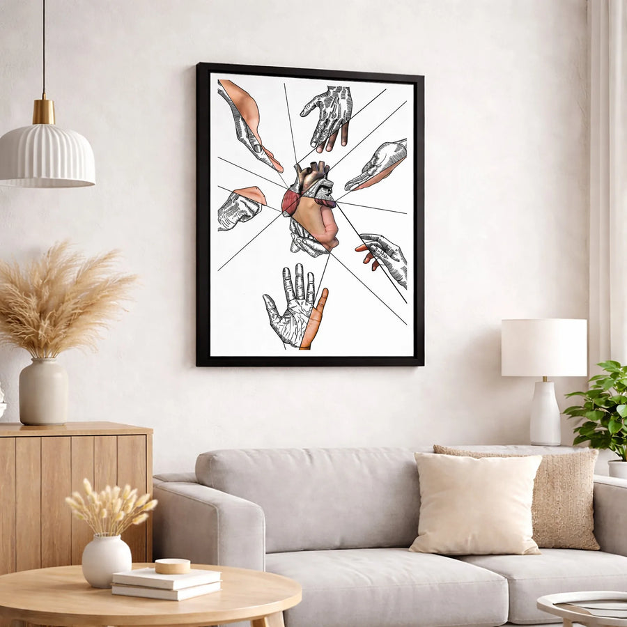 Anatomical Heart Wall Art | Surreal Reaching Hands Canvas Print | Premium 1.25-Inch Gallery Wrap | Modern Home Decor for Living Room