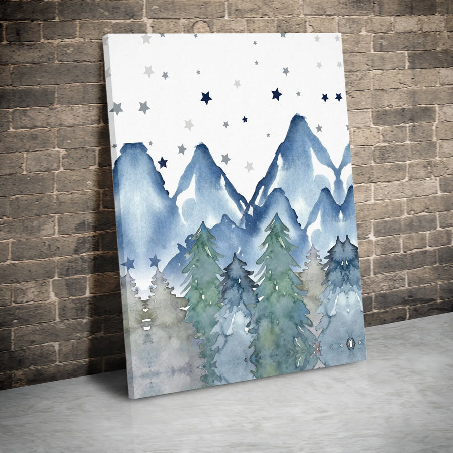 Watercolor Mountain Canvas Wall Art | Night Sky Pine Forest with Stars | Premium Gallery Wrapped Print | Boho Nursery Decor Gift for Kids Room