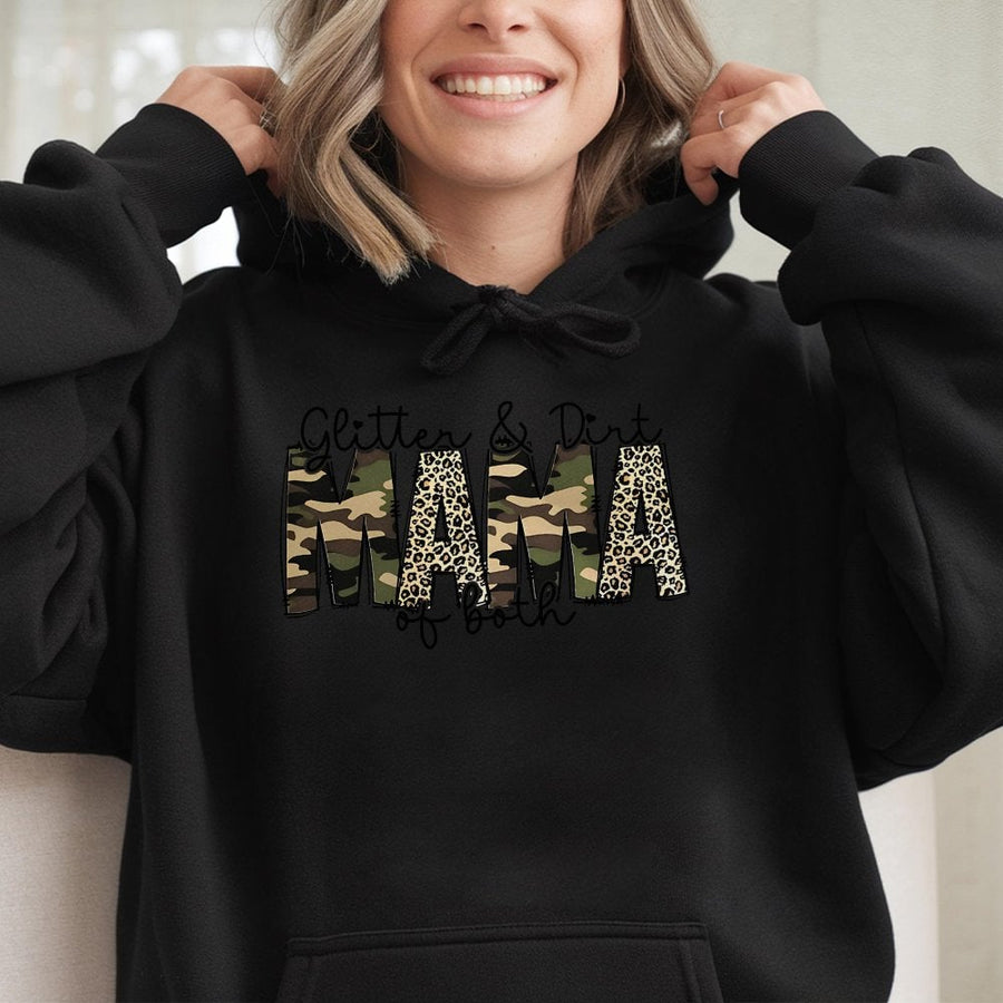Glitter and Dirt Mama Hoodie | Camo and Leopard Print Graphic | Premium Cotton Blend | Gift for Boy Mom and Girl Mom