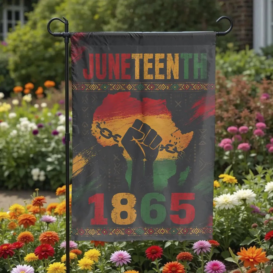 Juneteenth 1865 Garden Flag | Double-Sided African Map & Fist Graphic Yard Banner | Weather-Resistant Premium Polyester | Freedom Day Commemorative Holiday Gift