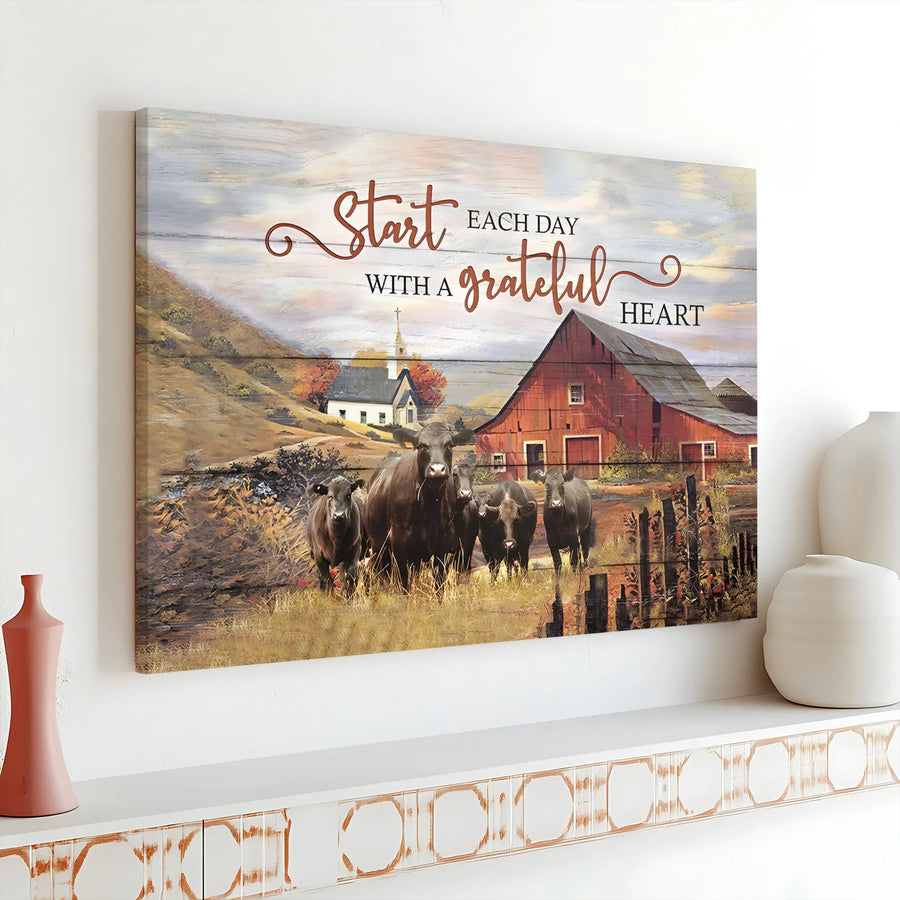 Start Each Day With A Grateful Heart Wall Art | Rustic Farmhouse Red Barn & Cows Canvas | Premium Gallery Wrap | Inspirational Country Home Decor Gift