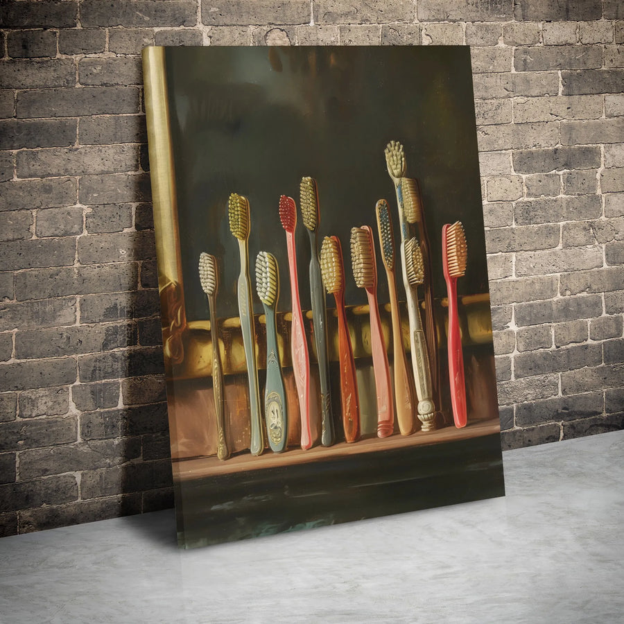 Vintage Toothbrush Still Life Canvas Print | Classic Bathroom Decor Art | Premium Gallery Wrapped Wall Decor | Unique Gift for Dentist or Hygienist