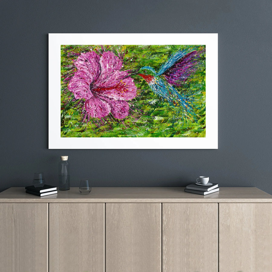 Hummingbird and Hibiscus Canvas Wall Art | Colorful Abstract Nature Painting | Premium 1.25" Gallery Wrap | Tropical Home Decor Gift