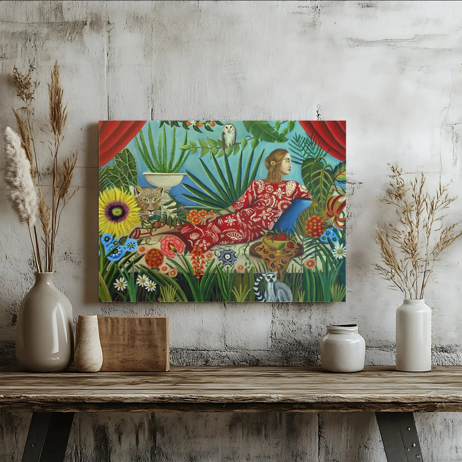 Tropical Jungle Canvas Wall Art | Vibrant Woman with Leopard Painting | Premium Gallery Wrapped Canvas | Eclectic Bohemian Home Decor Gift