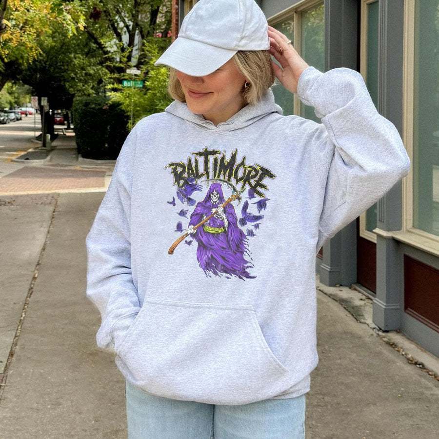 Baltimore Grim Reaper With Scythe And Ravens Hoodie