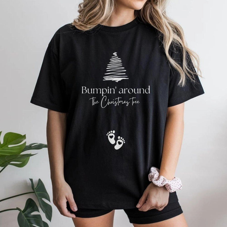 Bumpin' Around The Christmas Tree T-Shirt | Funny Holiday Pregnancy Announcement | Premium Cotton Tee | Expecting Mom Gift Idea